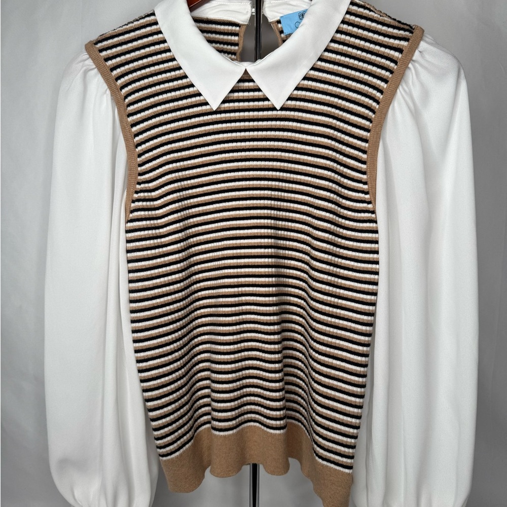 CeCe Striped Sweater Vest with White Blouse